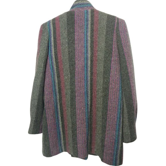 Vintage 1980s Womens 11 Winter Coat Wool Gray Purple Stripe Button Uruguay Mid - Picture 4 of 12